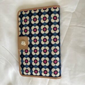 Spartina 449 Navy, Cream & Pink Floral Wristlet Clutch with Tan Trim
